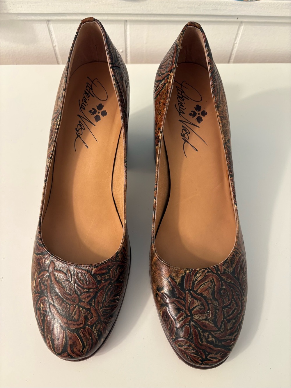 Patricia Nash Brown Floral Embossed Leather Pumps